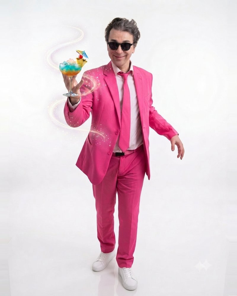 Monsieur Sucre fait apparaître un cocktail coloré lors d'une soirée privée