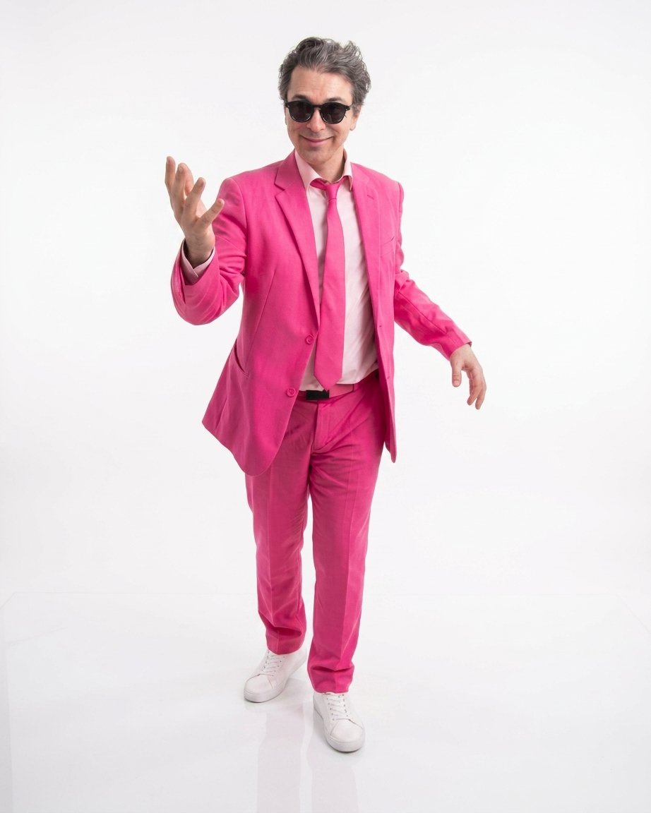 Monsieur Sucre en costume rose, la main tendue vers le public