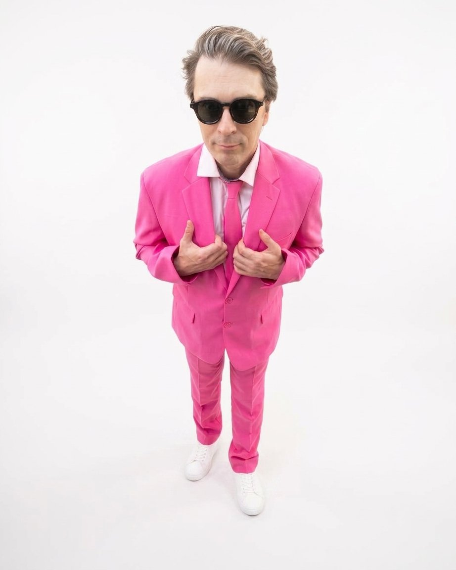 Monsieur Sucre ajustant sa veste rose, vu en plongée